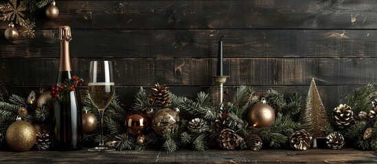 Poster - Rustic style Christmas and New Year setup on a dark wooden backdrop featuring festive spruce branches champagne candelabra garland ornaments cones and copy space image