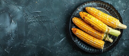 Poster - Top view of a plate with fresh corn cobs on a dark stone table with a food concept and space for adding images. with copy space image. Place for adding text or design