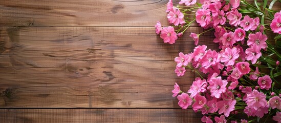 Wall Mural - A wooden background provides a charming border for a vibrant display of fresh pink flowers with copy space image