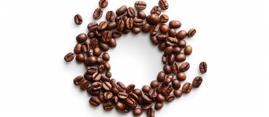 Fototapete - Circular arrangement of coffee beans on a white background with copy space image