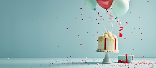 Poster - A festive arrangement with an appealing cake ribbon roll balloons and gift box is centered in the frame against a pastel blue backdrop with red confetti providing ample copy space image