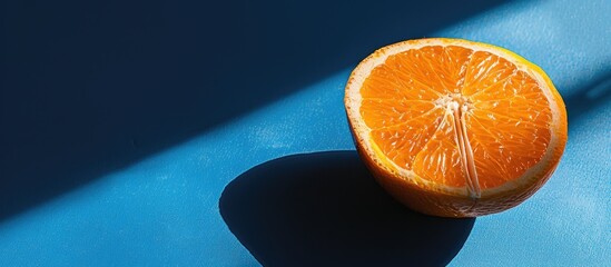 Leinwandbilder - An orange half casting a distinct shadow under bright lighting on a blue background arranged with two segments creating a template for a copy space image