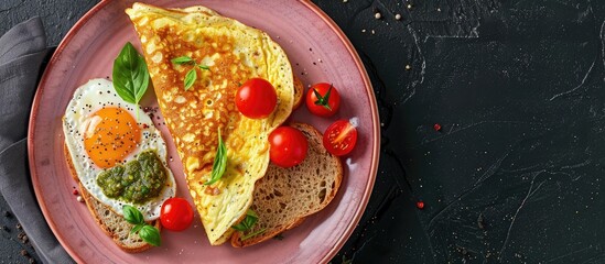 Aufkleber - A close up image of a nutritious breakfast on a pink plate set against a black stone backdrop with room for text featuring an egg omelet wholegrain toast cream cheese pesto and cherry tomatoes