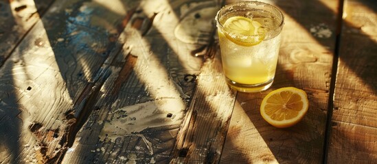 Aufkleber - A wooden table with a fresh slice of lemon garnishing a glass of lemonade provides a rustic copy space image