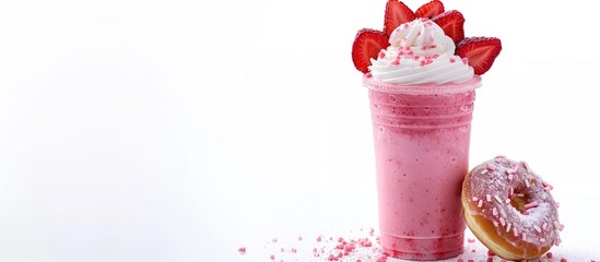 Poster - Valentine s day themed strawberry milkshake topped with whipped cream and a glazed donut set against a white background with available copy space image