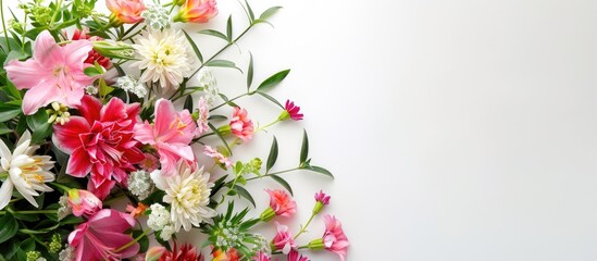 Poster - A blooming bouquet of spring flowers set against a white backdrop ideal for occasions like Mother s Day Valentine s Day and birthdays This top down view features ample copy space for text within the