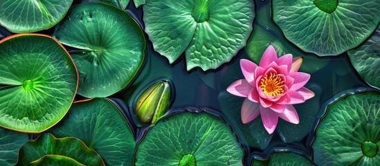 Leinwandbilder - Pink water lily flower bud in a pond with vibrant green leaves around Symbolic in spa and Asian culture viewed from the top with space for text or images. with copy space image