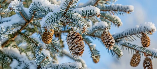 Leinwandbilder - Close up of a green spruce tree adorned with cones covered in snow and frost against a blue sky background perfect for a winter themed greeting or Christmas card with ample copy space image