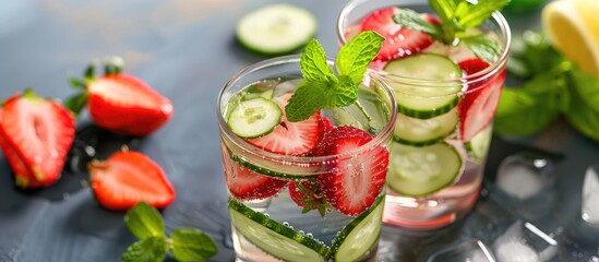 Aufkleber - Health and wellness theme with a refreshing infused water drink made of cucumber strawberry mint and lemonade perfect for spring and summer days with ample copy space image for customization