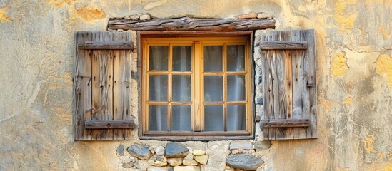 Sticker - Ancient house wooden window with a rustic charm set against a scenic backdrop ideal for a copy space image