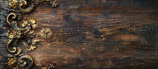 Sticker - Antique wooden surface with gold embellishments suitable for copy space image