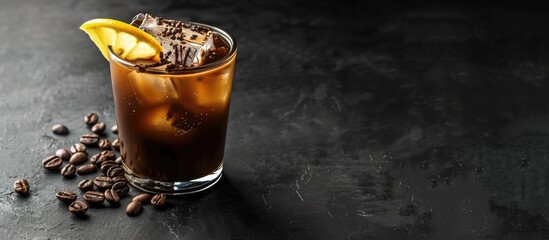 Aufkleber - Silver bullet cocktail featuring gin coffee chocolate liqueur and lemon on a black background with a horizontal view and copy space image
