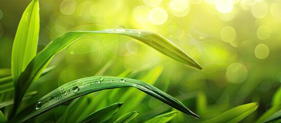 Leinwandbilder - Copy space image of a vibrant green grass leaf set against a blurred green backdrop with sunlight and bokeh creating a natural ecology wallpaper theme