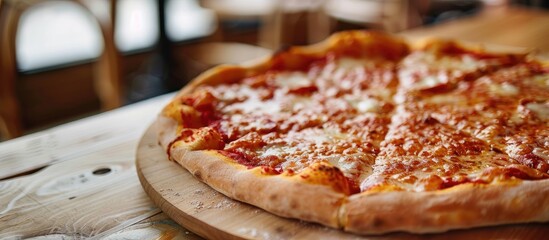 Poster - A pizza sitting on a table in a restaurant with available copy space image