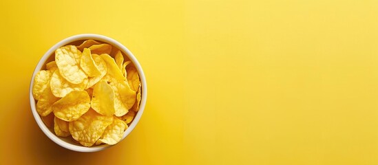 Aufkleber - Top view of potato chips in a bowl on a yellow background with space for text or image. with copy space image. Place for adding text or design