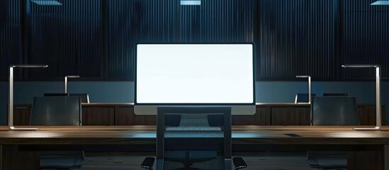 Interior of an office featuring a dark wooden table chairs and a computer with a blank screen for a copy space image