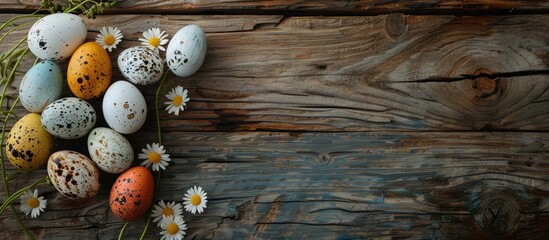 Poster - Rustic wooden table displaying a flower shaped arrangement of hand painted organic Easter eggs perfect for a copy space image