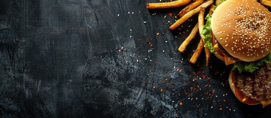 Aufkleber - Overhead shot of a hamburger and fries with space for text in the image. with copy space image. Place for adding text or design