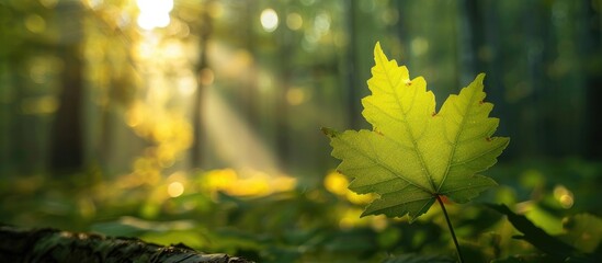 Leinwandbilder - Sunlit young green leaf on forest s edge with copy space image