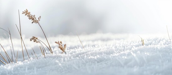 Poster - Blurry dry plant and grass on white snow in winter create an abstract natural background ideal for a copy space image