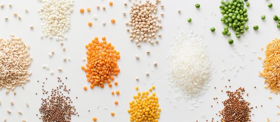 Poster - A pattern featuring buckwheat wheat peas and rice arranged on a white background suitable for a copy space image