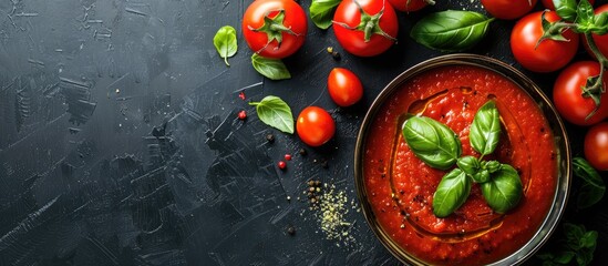 Aufkleber - Top view of homemade tomato soup with green basil in a copy space image