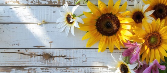 Wall Mural - Sunflowers and lilies against a white wooden backdrop offering a copy space image for messages