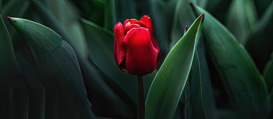 Aufkleber - A close up photo of a red tulip with a green leaf in the backdrop providing ample copy space image