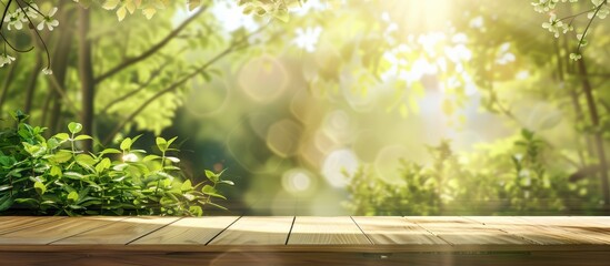 Aufkleber - Blurry green garden background visible on wooden table by a window suitable for product display montage with copy space image