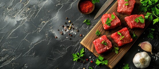 Poster - Raw beef steaks displayed on a wooden cutting board with stylish lighting and shadows accompanied by spices garlic parsley against a concrete background with space for adding text or images