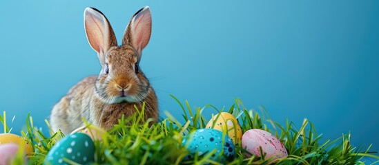 Poster - Vibrant Easter eggs and a bunny on green grass with a blue background perfect for a copy space image