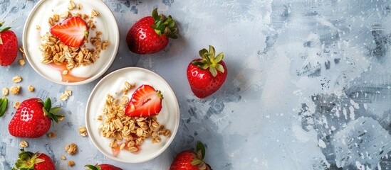 Poster - Top down view of Greek yogurt topped with fresh strawberries and granola ideal for promotional designs needing copy space images