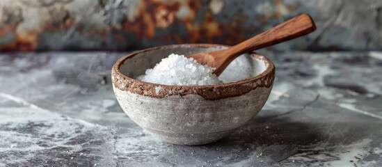 Fototapete - A tiny ceramic bowl with salt and an olive wood spoon perfect for a rustic kitchen feel isolated in a beautiful setting with a blank background as a copy space image