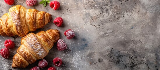 Aufkleber - French pastries such as croissants with cream cheese and raspberry signify a healthy dessert concept shown on a stone background from above with available copy space image