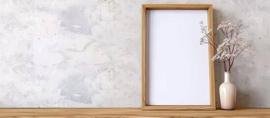Poster - Scandinavian style table displays a wooden frame for a photo or picture with copy space image