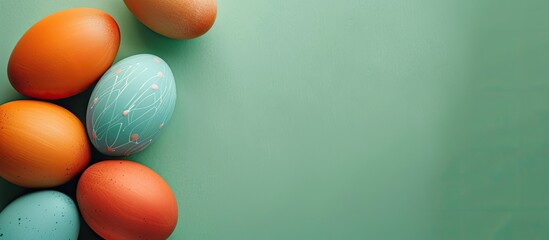 Poster - Top view of Easter holiday decoration featuring orange and blue eggs on a green backdrop with copy space image available