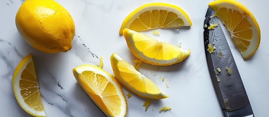 Wall Mural - Cutting fresh lemon into wedge shapes for a copy space image