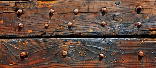 Wall Mural - Close up image of a brown wooden plank with rusty nails displayed in detail within a copy space image