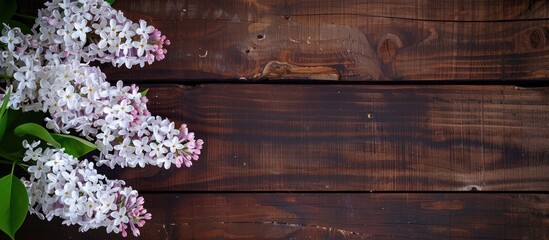 Poster - Copy space image of white and purple lilac against a rich dark brown wooden backdrop