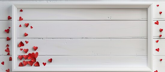 Poster - Valentine s Day themed mockup featuring a white photo frame adorned with red paper hearts on a white wooden background Top view flat lay with ample copy space image available