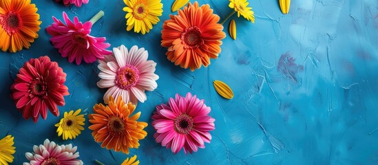 Fototapete - Vibrant gerbera blossoms on a blue backdrop View from above with room for text or images. with copy space image. Place for adding text or design