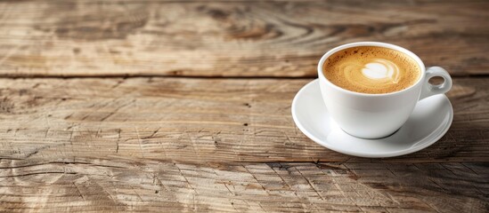 Fototapete - Coffee with milk in a white cup placed on a wooden surface with space for text or images. with copy space image. Place for adding text or design