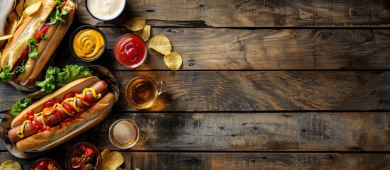 Poster - Top view of appetizing homemade hotdogs served with various dipping sauces chips and beer glasses on a rustic wooden table with ample copy space in the image