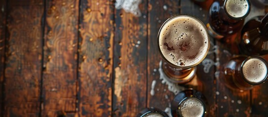 Aufkleber - Top view of a beer glass on a wooden table with beer bottles around it The image features selective focus and a blank template for copy space