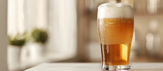 Aufkleber - Beer with foam in a glass on a white wooden bar top with room for a copy space image
