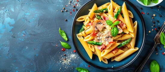 Aufkleber - Delicious penne pasta with green asparagus prosciutto mushrooms and a cheese sauce with a perfect arrangement for a copy space image