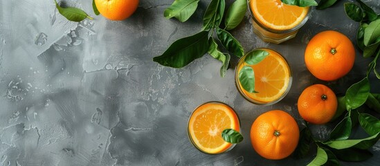 Leinwandbilder - Top view of tangerines with leaves in glasses of citrus fruit juice on a table with a grey background including copy space image