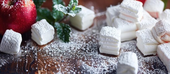 Poster - Beautiful festive background with homemade marshmallows apple and mint sweet and airy delicately sprinkled with powdered sugar perfect for copy space image