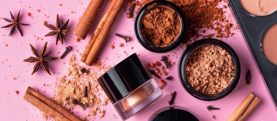 Poster - Colorful background with cosmetic products cinnamon sticks powder and anise stars creating a visually appealing copy space image