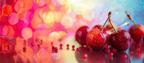 Wall Mural - Delicious cherries displayed against a colorful backdrop with ample copy space image